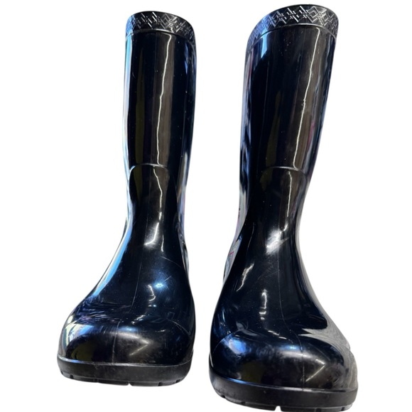 UGG Black Glossy Mid Rain Boots Fleece Lined Pre-Loved - Picture 2 of 13